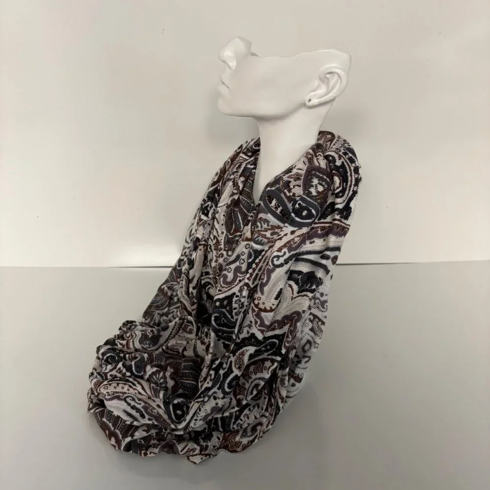 Brown Cream Paisley Infinity Scarf Pleated Classic Boho Earthy Neutral Timeless